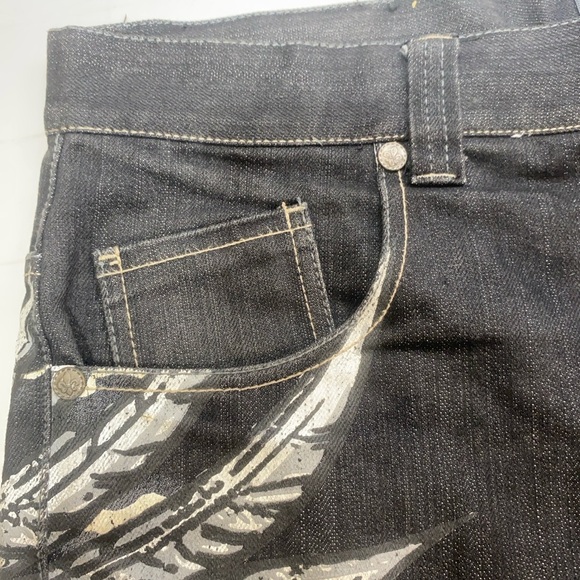 Y2K Baggy JNCO Style Graphic Denim Shorts Lightning Fleur-de-Lis Bling Detail - Picture 12 of 16